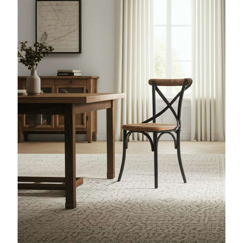 Chaise d'appoint de salle à manger en bois massif brun clair et noir à dossier croisé en fer