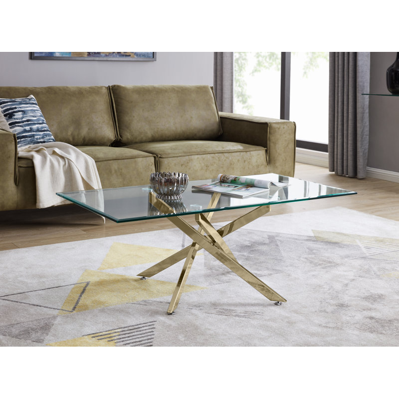 Lenworth Cross Legs Metal and Glass Coffee Table - Sleek Modern Design, Gold