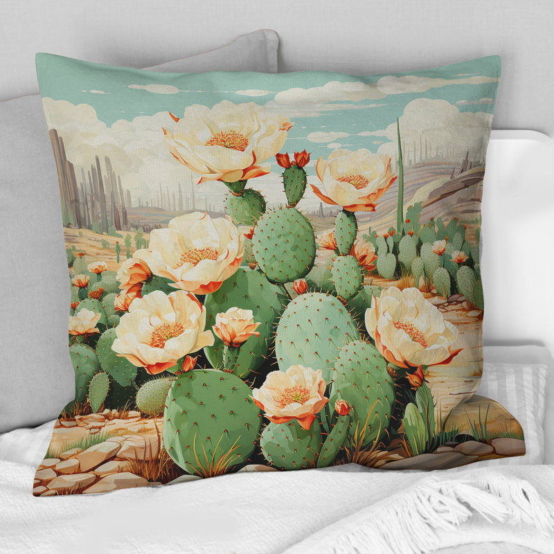 Coussin Coral Green Cactus Desert Blooms Pointillism IV - Cactus