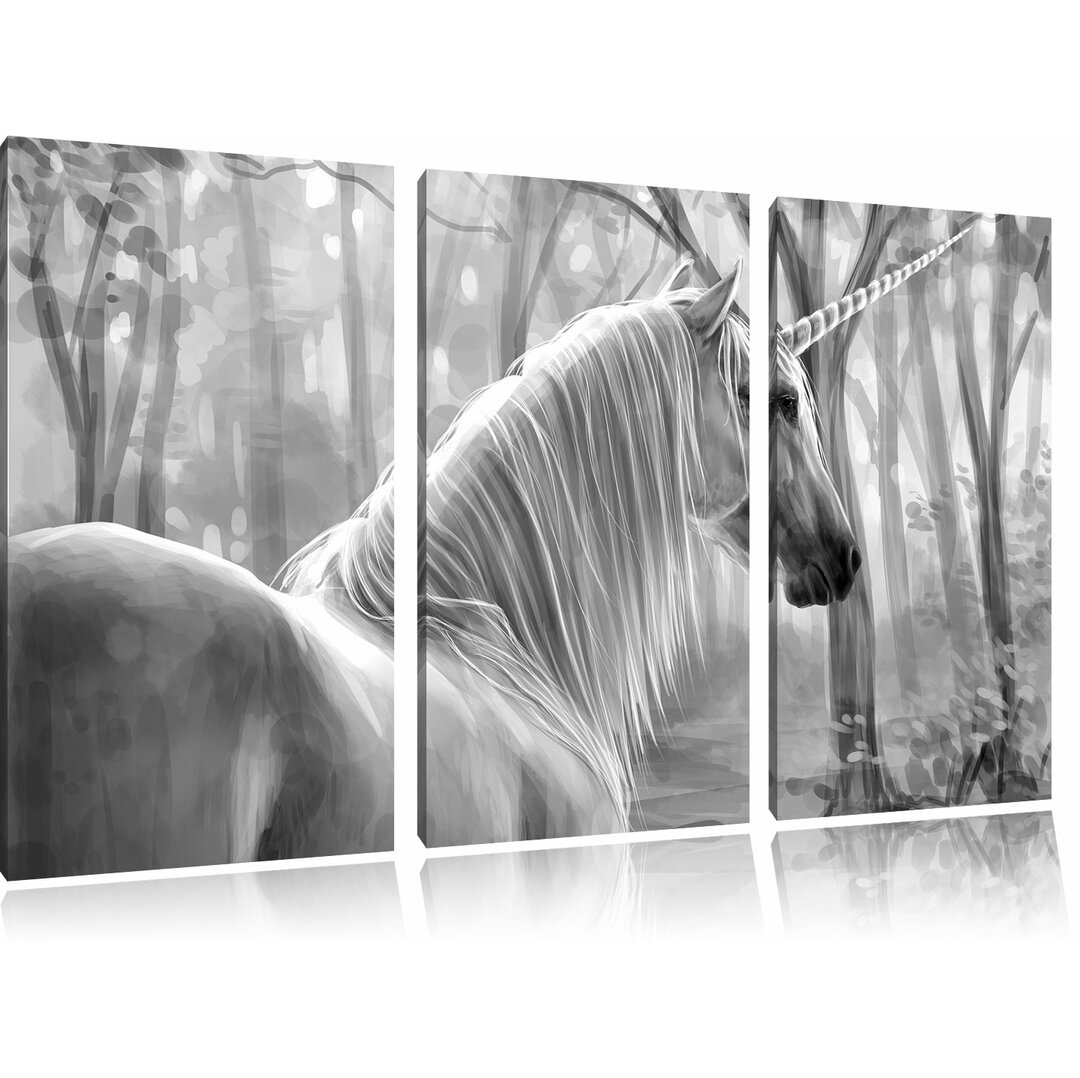 3-tlg. Leinwandbilder-Set „Einsames Einhorn im Wald“, Grafikdruck