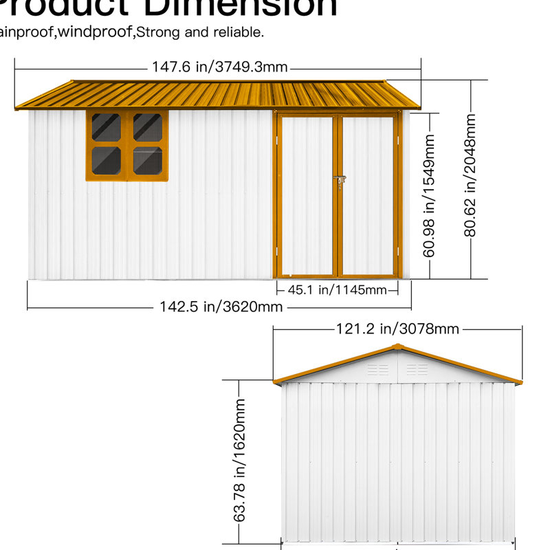 Remise en métal 10 pi x 12 pi - Toit imperméable, porte verrouillable, fenêtre pour rangement extérieur robuste, avec porte et évent