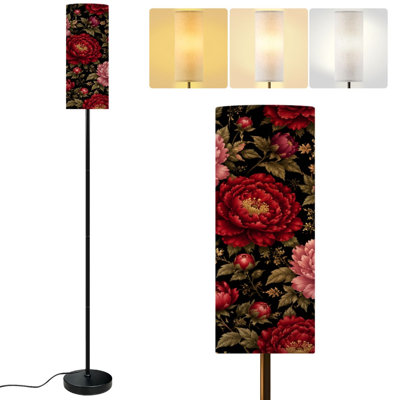  Lampe sur pied 68,5 "avec pivoines rouge-violet foncé sans couture, intensité variable, poteau en métal avec abat-jour en lin, ampoule DEL incluse