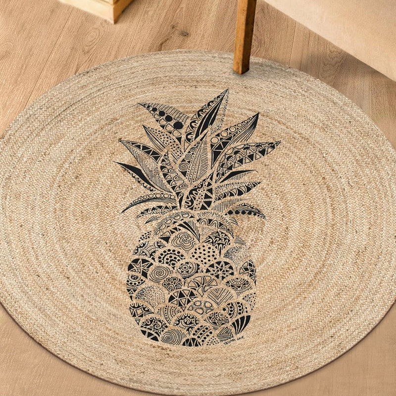 Tapis beige / gris / noir en jute tissé à la machine Lombards, Rond 2 pi 7 po