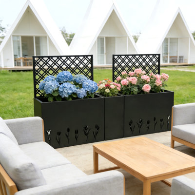 Boîte à fleurs en métal avec treillis (ensemble de 3) - lit de jardin surélevé, treillis de fleurs et écran d'intimité pour patio, balcon, jardin, jardinière résistante à la rouille avec trous de drainage, lit de plantation de 23,6 po de profondeur, tulipe