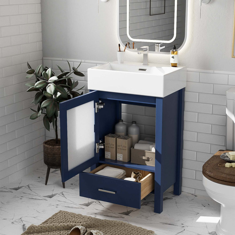 Meuble-lavabo de 20 pouces avec lavabo en céramique et beaucoup de rangement, Bleu