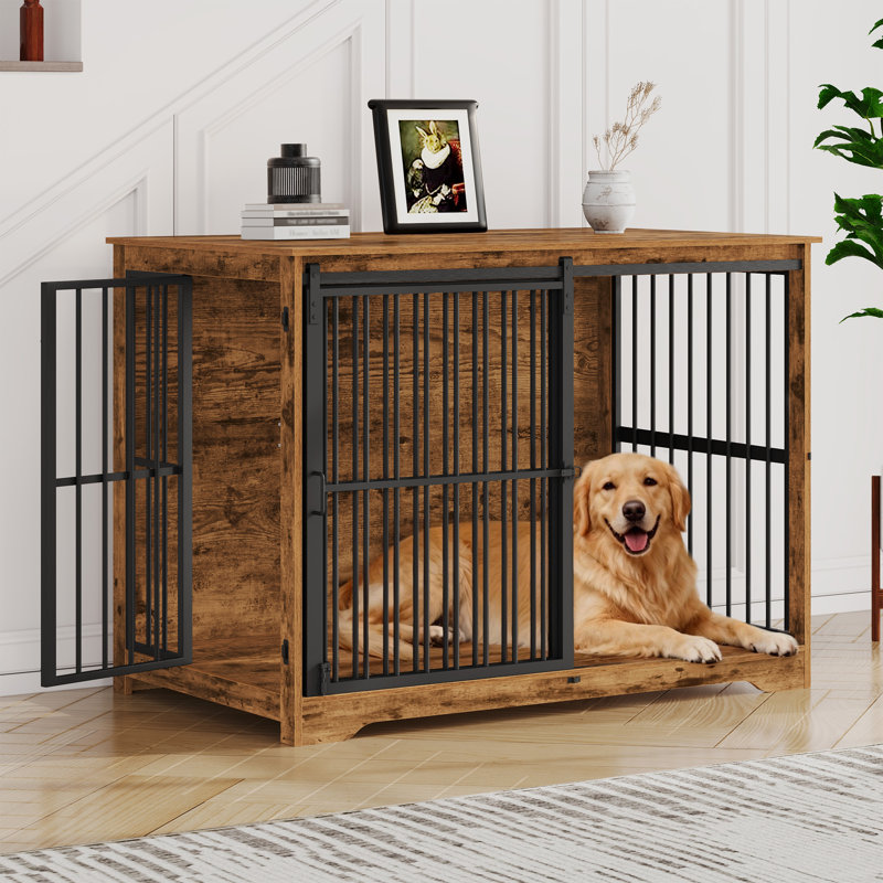 XL Large Dog Crate Furniture, Indoor Dog Kennel Furniture with Barn Door, Wooden Tall Dog Crate, Heavy Duty Dog Cage for Large Dogs, Side End Table, Anti-Chew