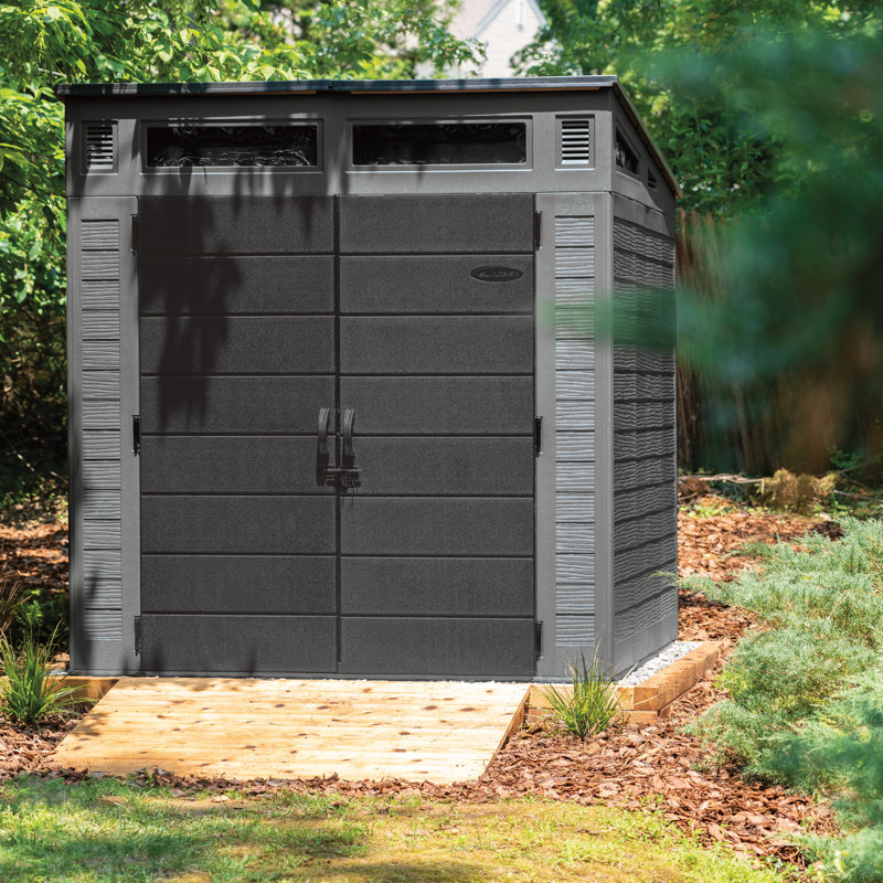 Remise de rangement en résine avec plancher renforcé l 86,5 po x P 87,5 po Suncast, fabriquée aux États-Unis, Stoney