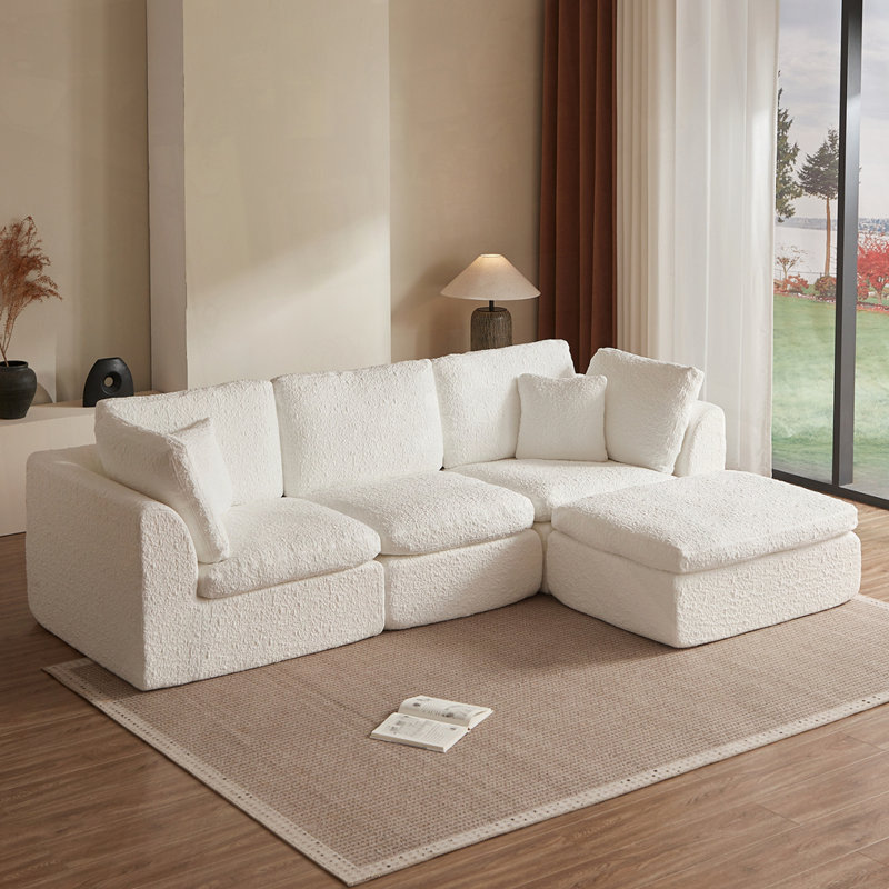 Canapé convertible en L avec repose-pieds, Chenille blanche