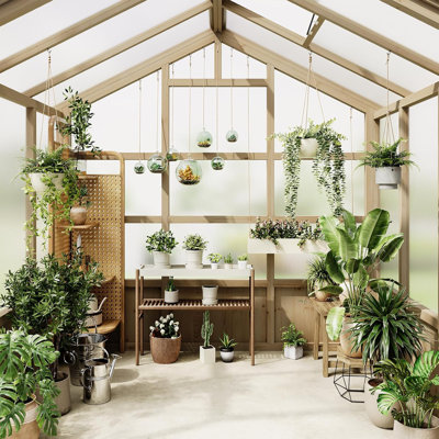 8 serres en bois, serre pour abri de jardin pour l'extérieur avec porte verrouillable, cadre en bois et évent réglable, serre robuste avec panneau en polycarbonate pour l'extérieur, jardin, cour, brun clair