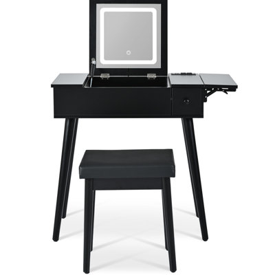 Meuble-lavabo 27,9 po avec station de charge, DEL, 2 tiroirs, panneau et tabouret rembourré en cuir pour la chambre à coucher, station de table et panneau de maquillage noir, assise rembourrée