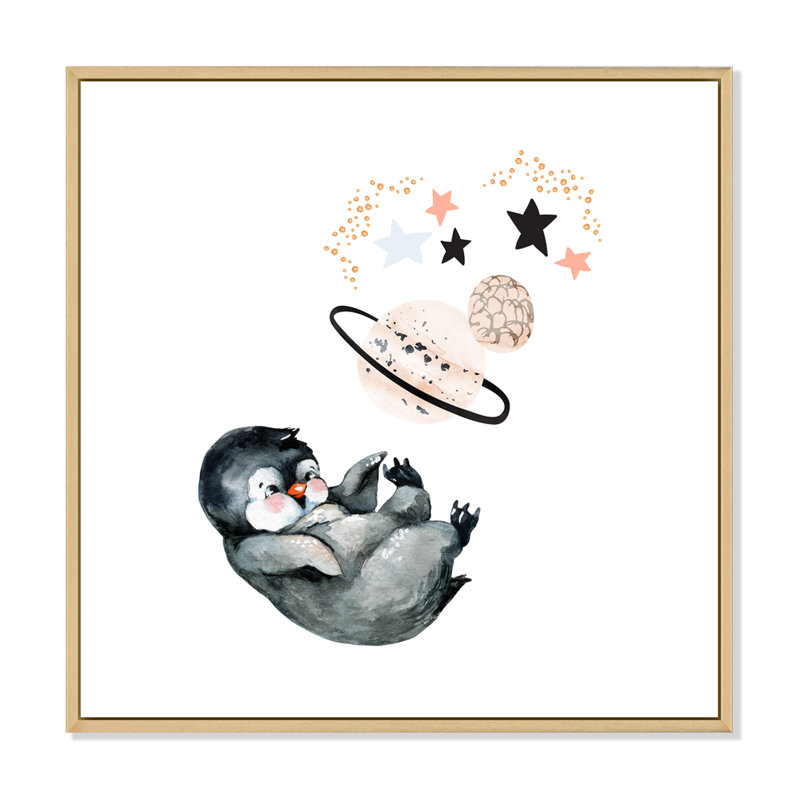 Mignon petit pingouin - peinture, H 36 po x l 36 po x P 1,5 po, Cadre flottant brun