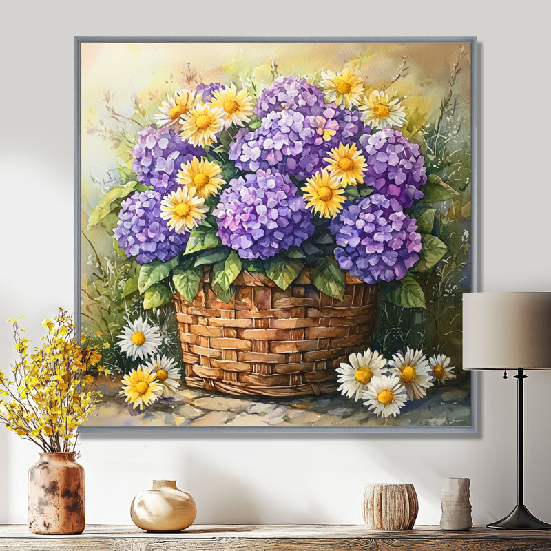 Hortensias et marguerites dans un panier - hydrangées, art mural, H 16 po x l 16 po, Impression encadrée flottante