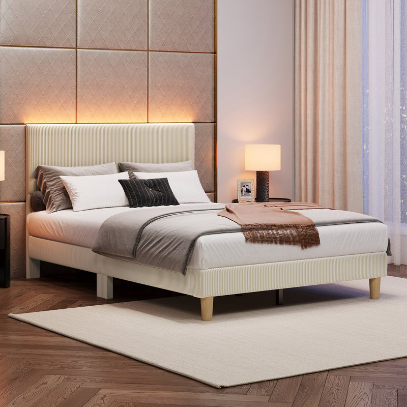 Lit plateforme tapissier Corduroy avec tête de lit à DEL, cadre de lit moderne, Très grand lit, Beige, Non