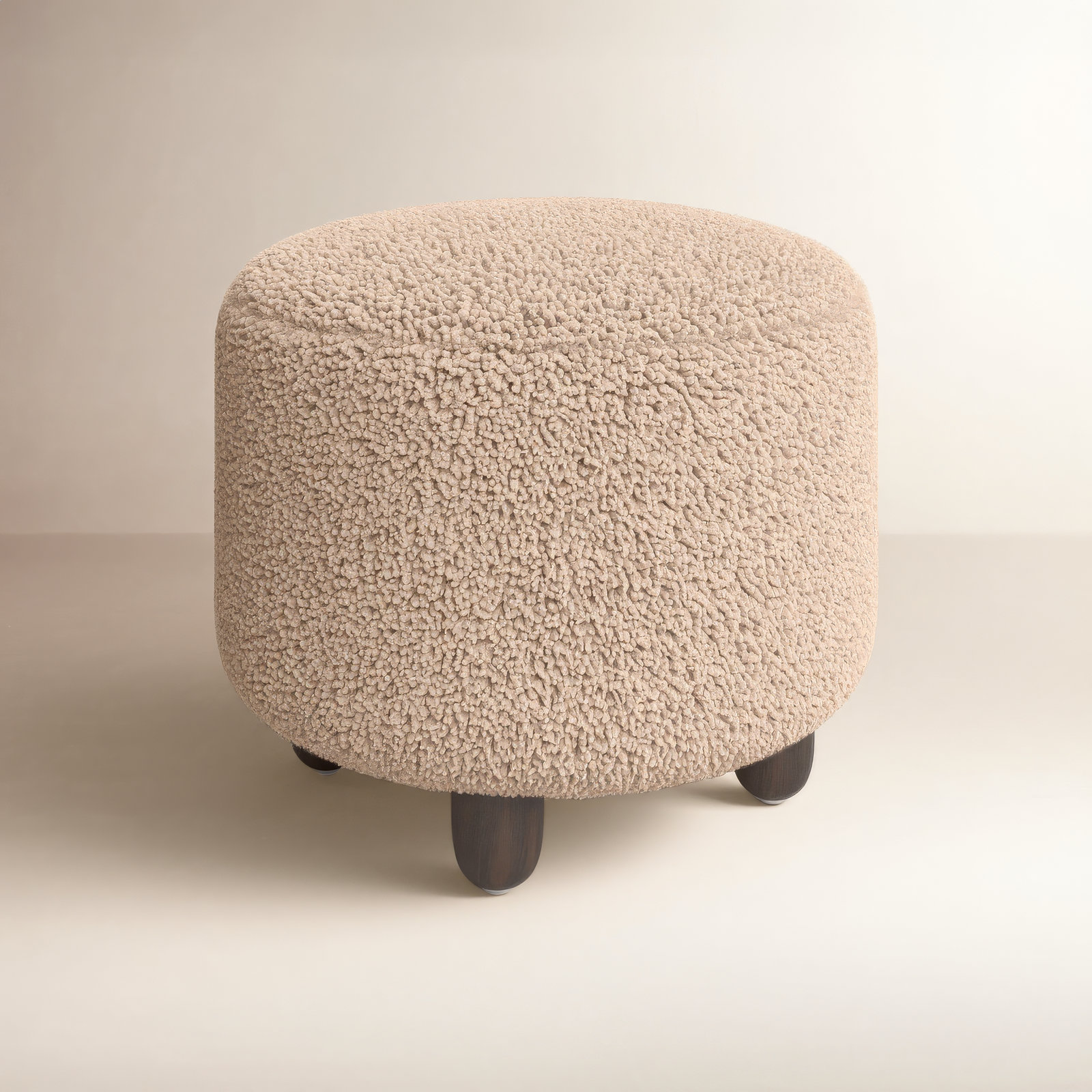Risco 22.5" Wide Round Footstool Ottoman, Andes Toast Sherpa, Burnt Birch