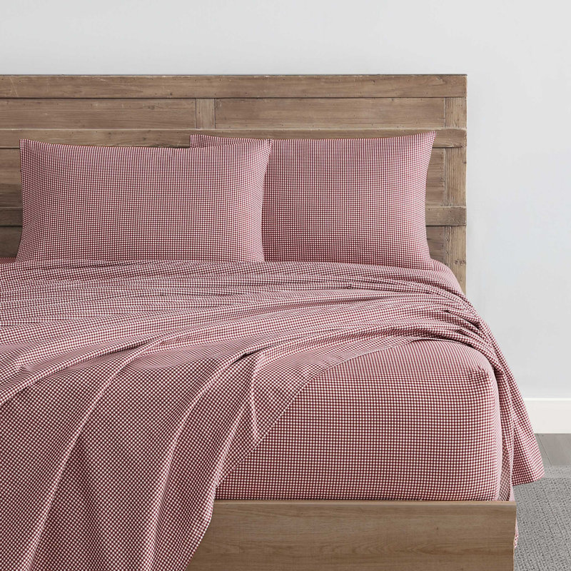 Nautica Cozy Brushed Flannel Printed Sheet Sets, Full Sheet Set with 2 Pillowcases, Red Plaid