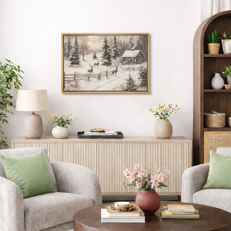 Hiver, campagne rustique, Noël, cerf, pin, forêt, décor de vacances, impression sur toile encadrée, Cadre naturel flottant
