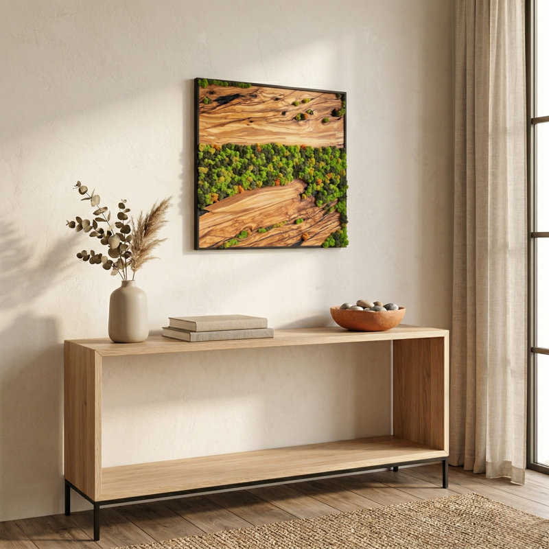 Olive Moss Square Wall Art Panel - Natural Olive Wood & Preserved Reindeer Moss, Acoustic Wall Decor, Handmade Organic Design, Each Piece Unique