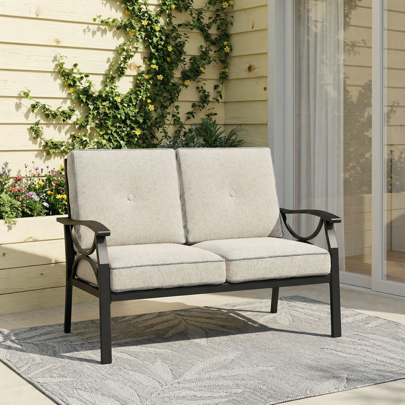 Causeuse d'extérieur en métal avec coussins moelleux, Black Frame/Khaki Cushion