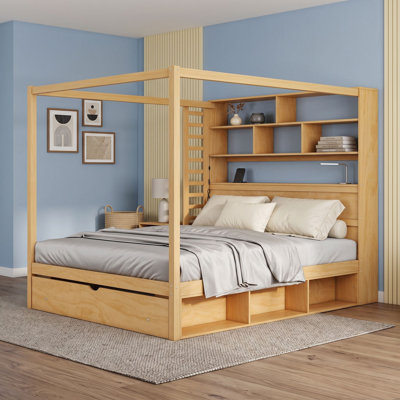 1 Drawer Canopy Platform Bed with Bookcase Headboard, Power Outlets, LED Lights and Under-Bed Storage Cubbies