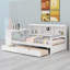 Lit de jour en bois avec tiroirs de rangement, bureau, port de chargement et tablettes ouvertes-88388208