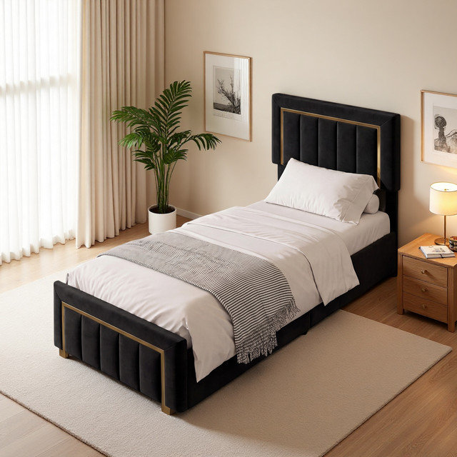 Velvet Upholstered Storage Bed Frame, Kingsize (5'), Black