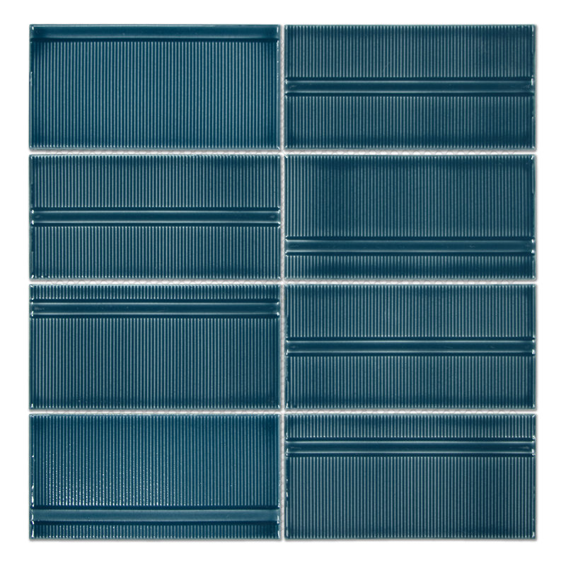 11.8" x 12.5" Glazed Brushed Texture Recycled Glass Wall Mosaic Tile, Blue