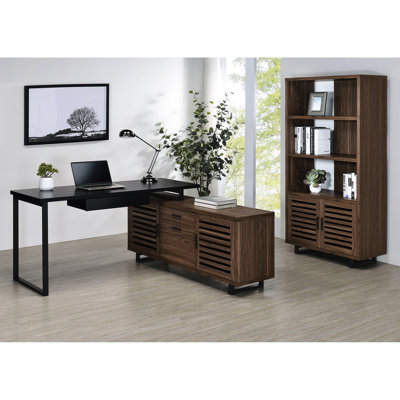Modern L-shape Office Desk With Black Desktop And Walnut Wood, Slatted Doors Center Drawers For Home Comfort Computer Wood Grain, Adjustable Shelving