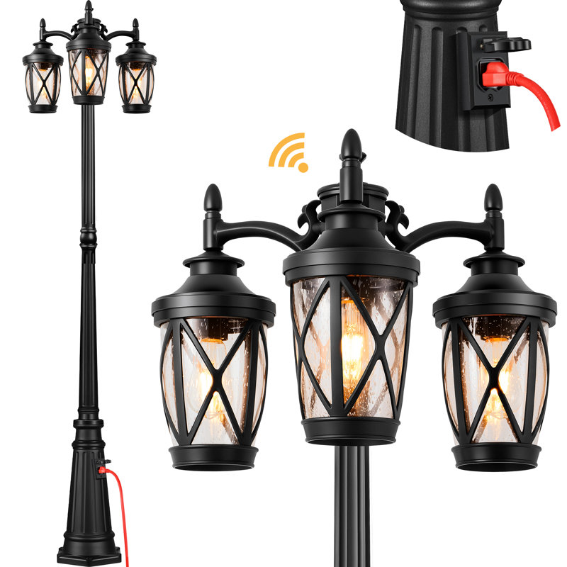 Lanterne extérieure sur poteau à 3 têtes, noire, avec prise électrique, allumage automatique du crépuscule à l'aube