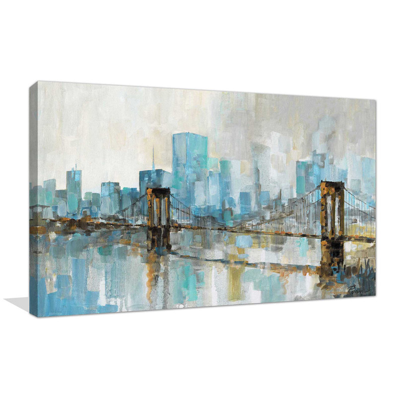Teal City Shadows par - Peinture, Toile tendue, H 28 po x l 48 po x P 1,5 po