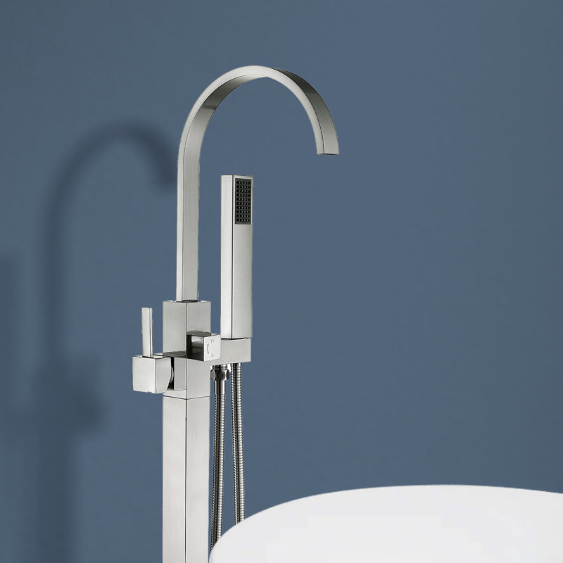 Topcraft Single Handle Floor Mounted Freestanding Tub Faucet with Handheld Shower, Brushed Nickel, Brushed Nickel