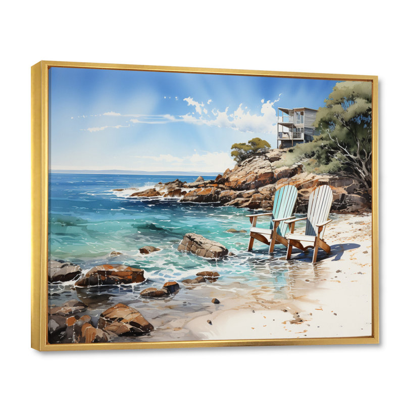 Beach Seaside Reflections Pointillism III - Décoration murale nautique et plage, Cadre flottant doré