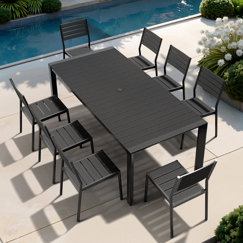 8 - Person 84'' W X 39'' D Rectangular Aluminum Dining Set with Stackable Chairs, Black