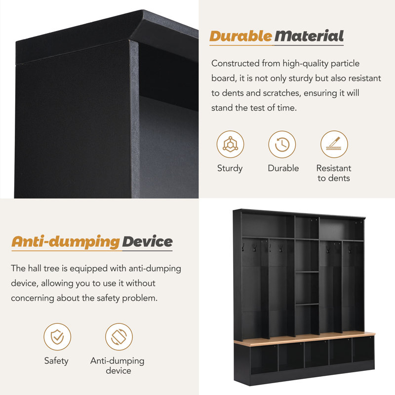 Hall Tree With Storage Bench - Minimalist Shoe Cabinet With Cubby Compartments And Shelves, Black