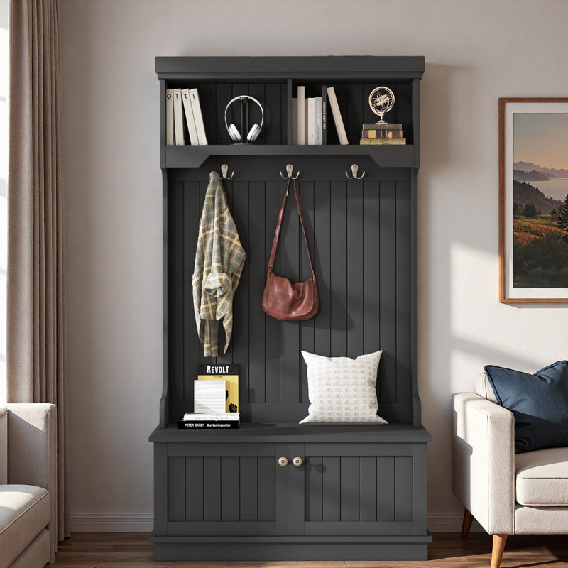 Hall Tree with Storage Shoe Bench, 4-in-1 Entryway Organizer with Coat Hooks, Shoe Cabinet & Display Shelves, Black