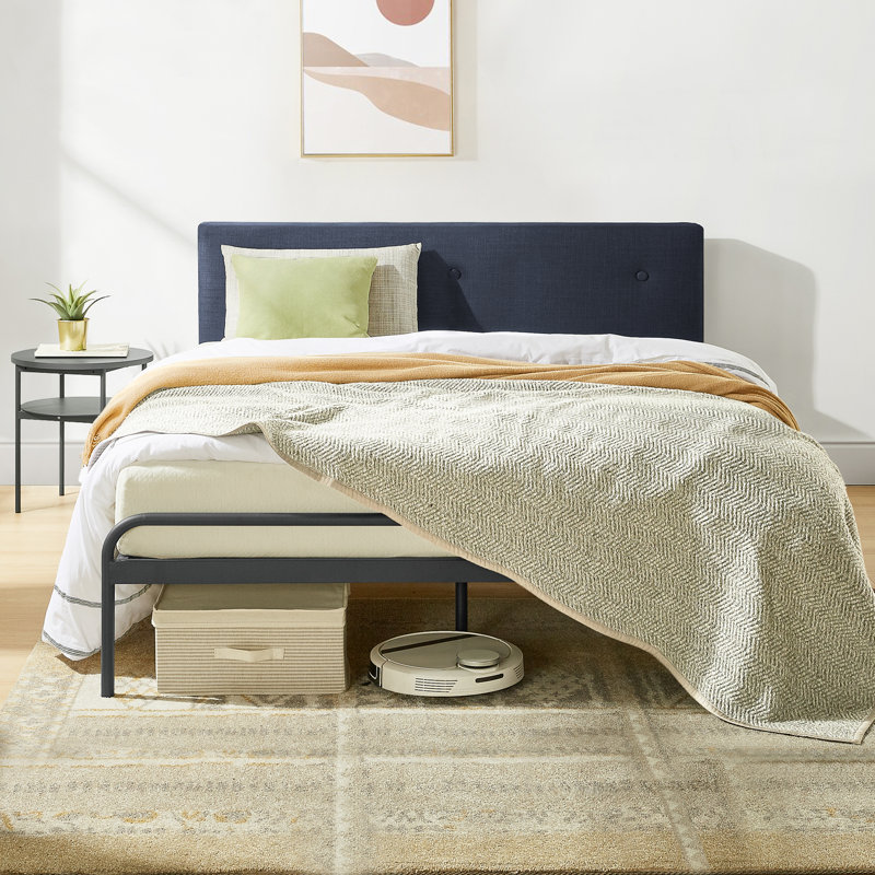 Maggie Upholstered Metal Platform Bed, Full, Navy Blue