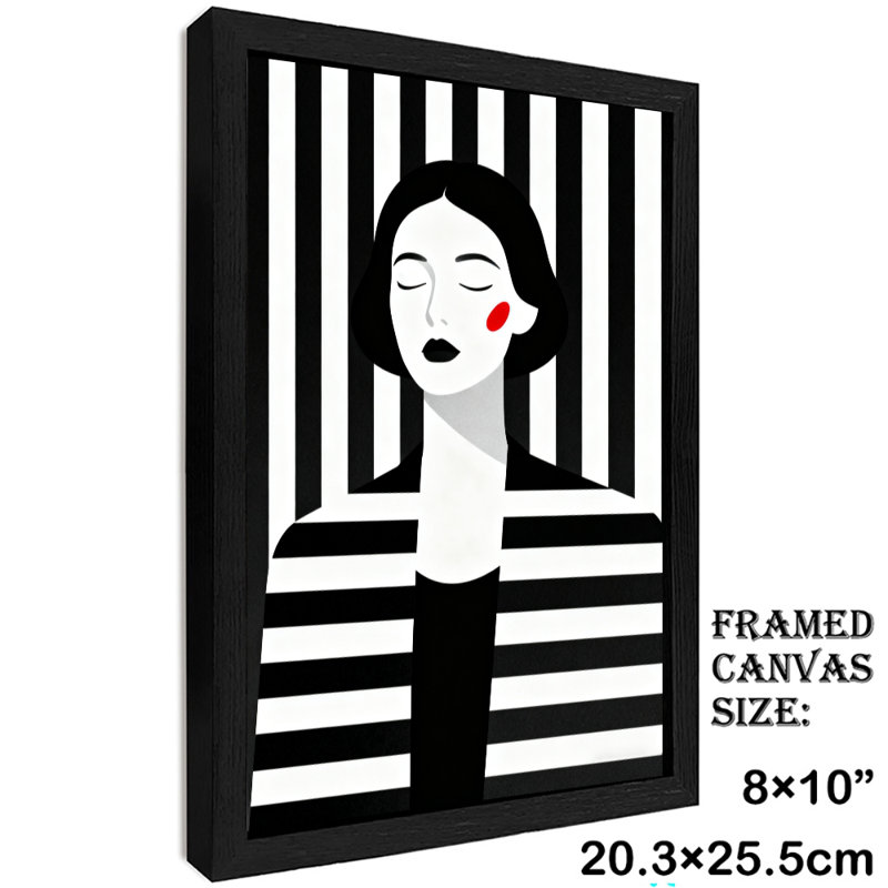 «Black», encadré noir, rayé, jolie fille, art mural, impressions de style rétro, H 11 po x l 9 po