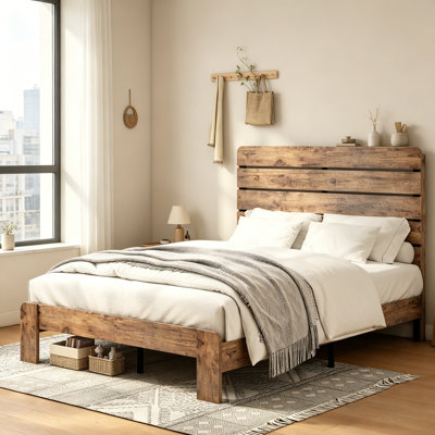 Heavy Duty Wood Bed Frame with Under Storage, Farmhouse Platform Bed Frame with Headboard and Footboard , Noise Free and Easy Assembly, Dark Brown, Full Size