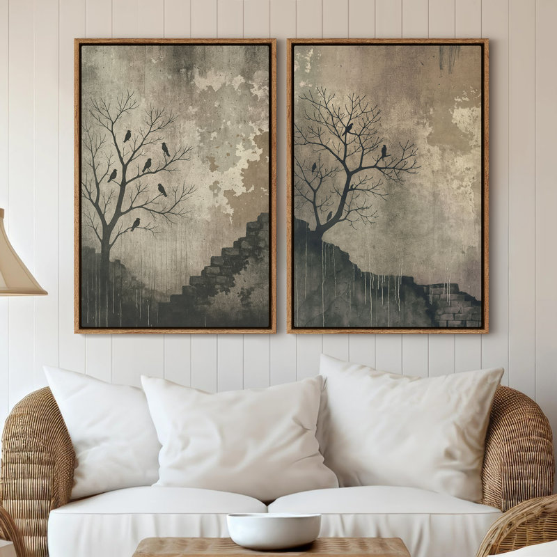 Art mural sur toile encadrée - impressions murales abstraites rétro pour panneaux de chambre à coucher x2, Naturel