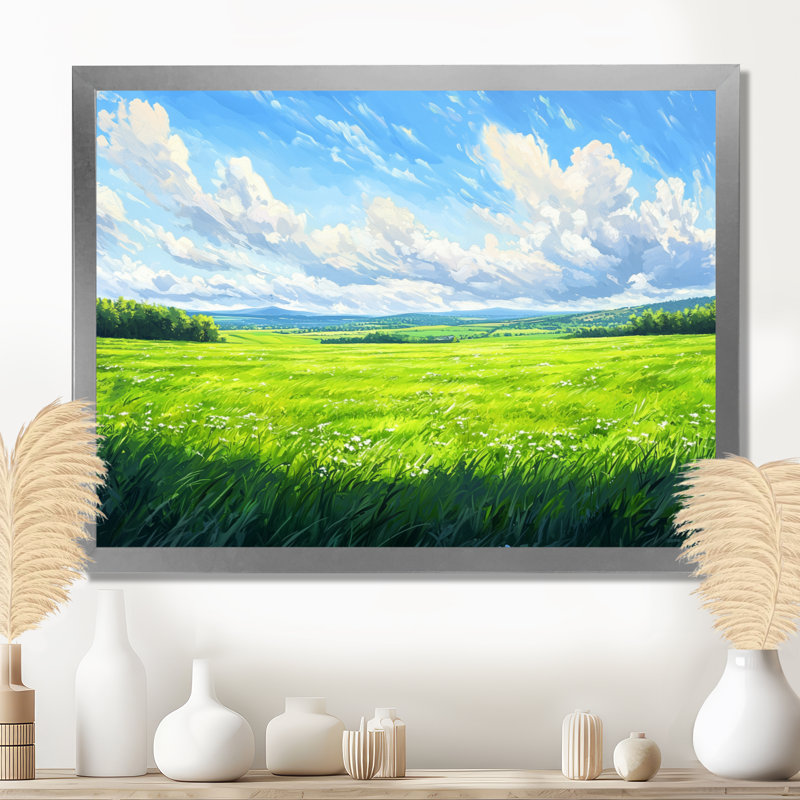 «Countryside At High Noon I», art mural campagne, H 16 po x l 32 po, Avec cadre, Argent argent