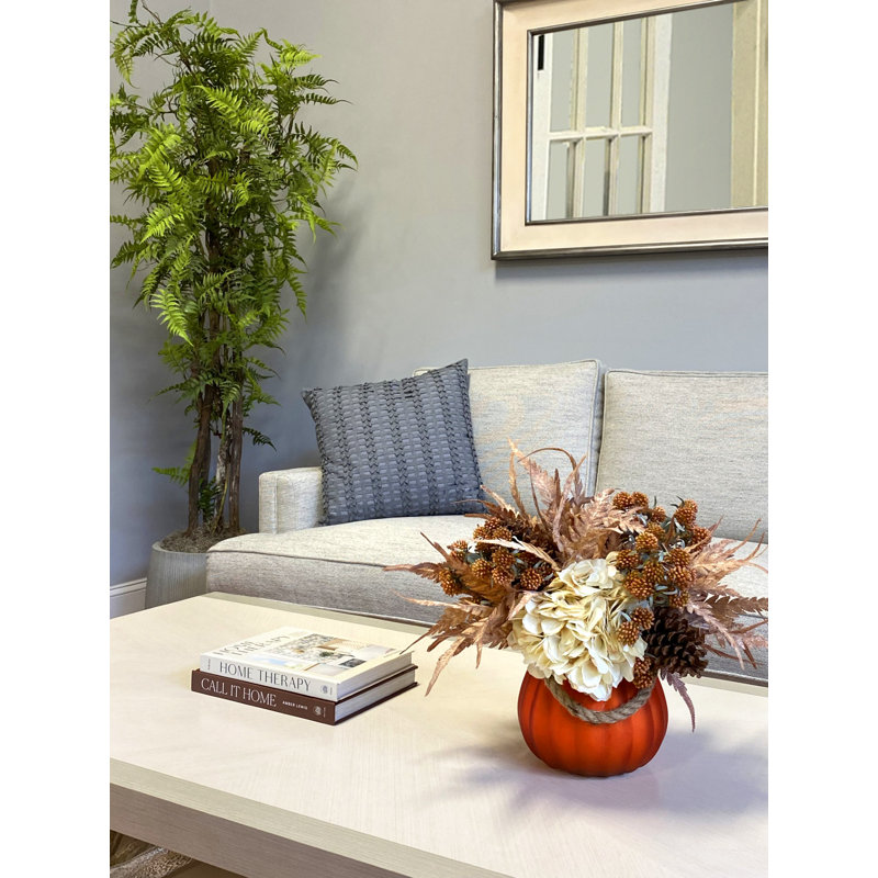 Hydrangea And Pampas Fall Arrangement In Glass Pumpkin