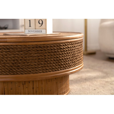 31.5" Round Retro Coffee Table With Flip-top Cover - Hemp Rope + Rattan,Featuring a Vintage Natural Style,For Dining Room, Kitchen And Living Room,Natural