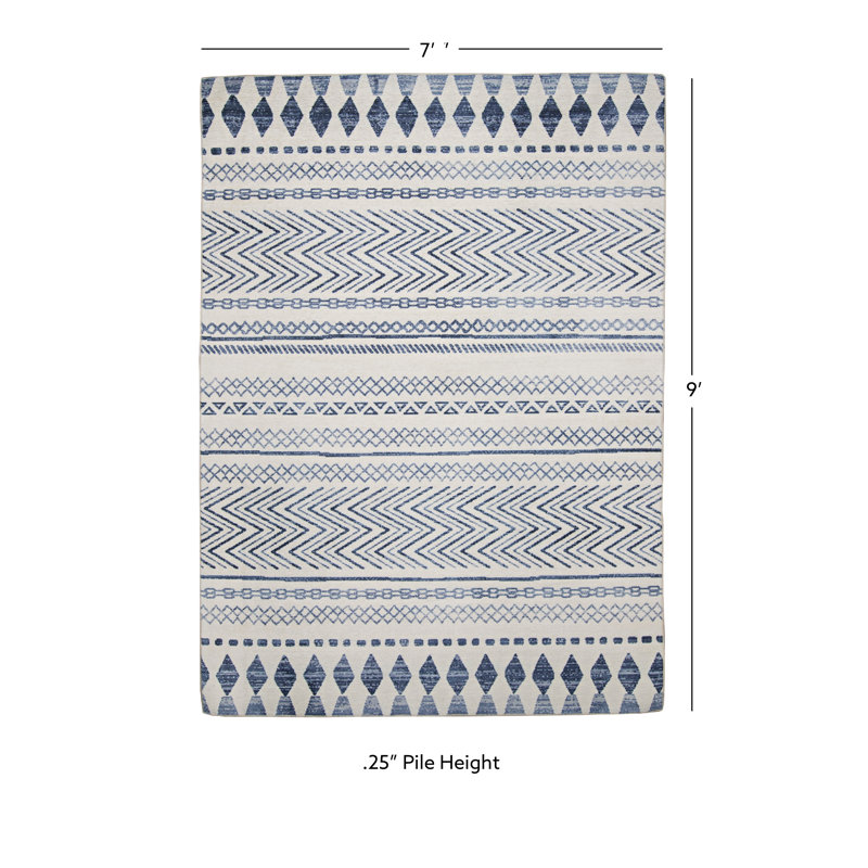 Arielah Moroccan Stripe Ivory and Blue Indoor Outdoor Machine Washable Area Rug, Rectangle 7' x 9'