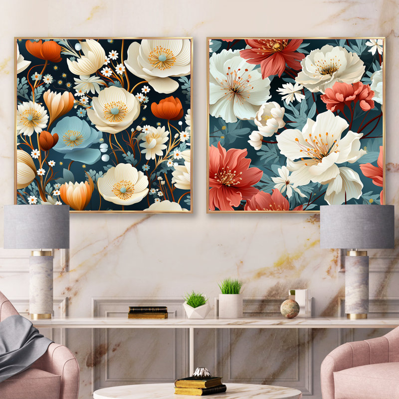 Gustave - Ensemble de 2 collages floraux carrés, H 16 po x l 33 po, Cadre flottant doré
