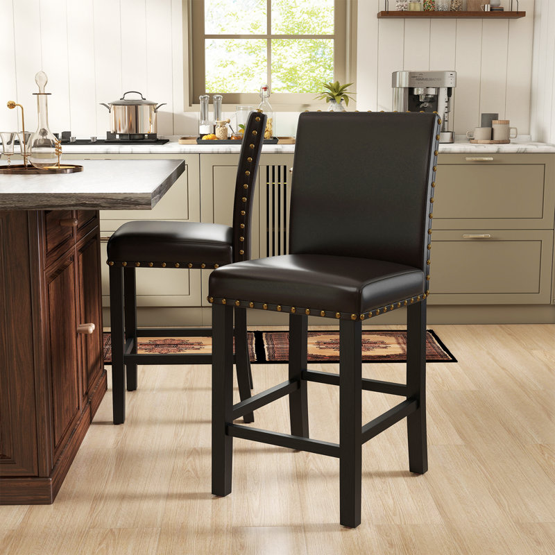 Hort Solid Wood 25" Counter Stool, Brown Faux Leather