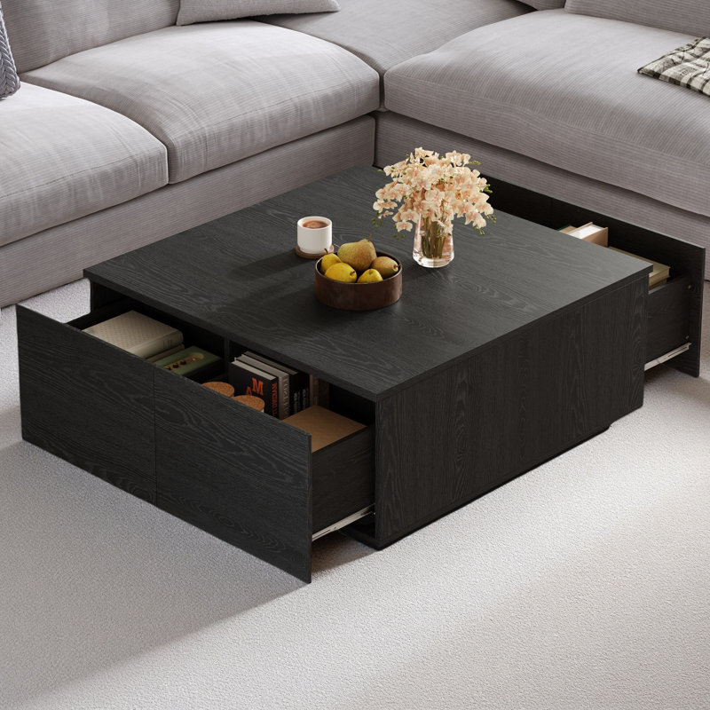 Table basse carrée moderne en MDF avec 4 tiroirs, Noir