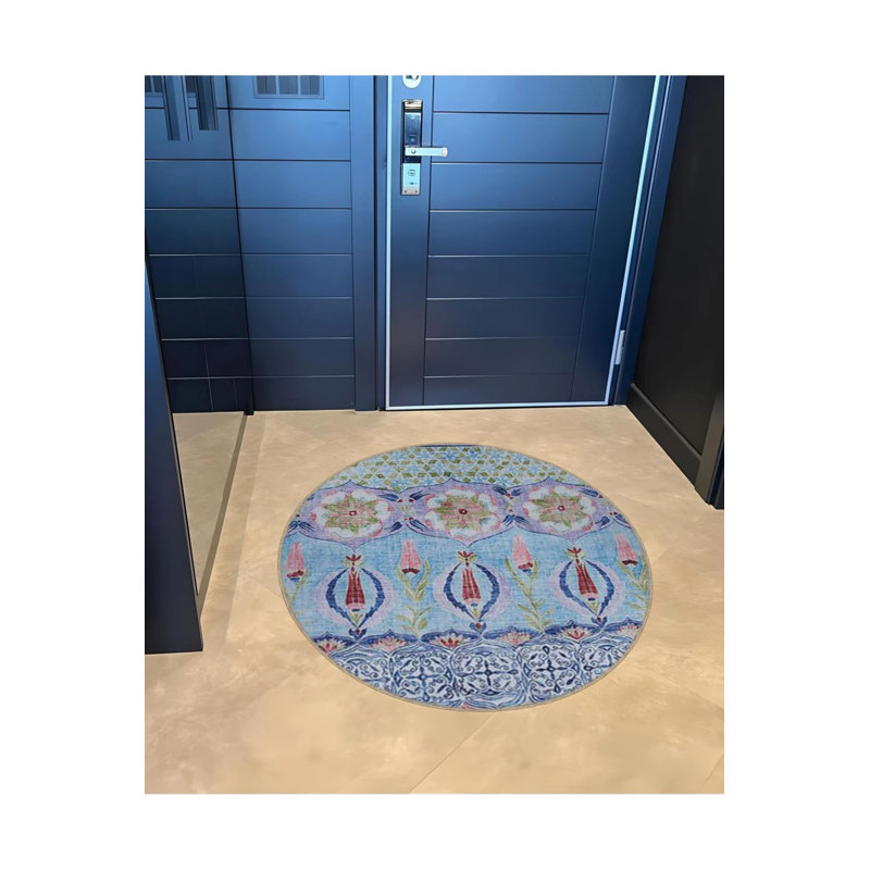 Blue Traditional Motif Patterned Round Woven Base Vintage Decorative Carpet, Round 5'