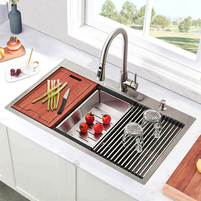 33-Inch Drop-In 16 Gauge Kitchen Sink R10 Radius Stainless Steel Kitchen Sink Single Bowl With Intergrated Ledge & Accessories (Pack Of 5) -33"X22"X10"