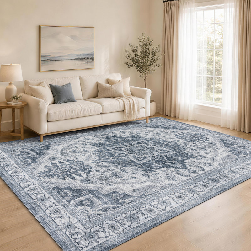Tapis d'intérieur lavable en machine à motif floral bleu vintage, ultra-doux et à poils courts, Rectangle 8' x 10'