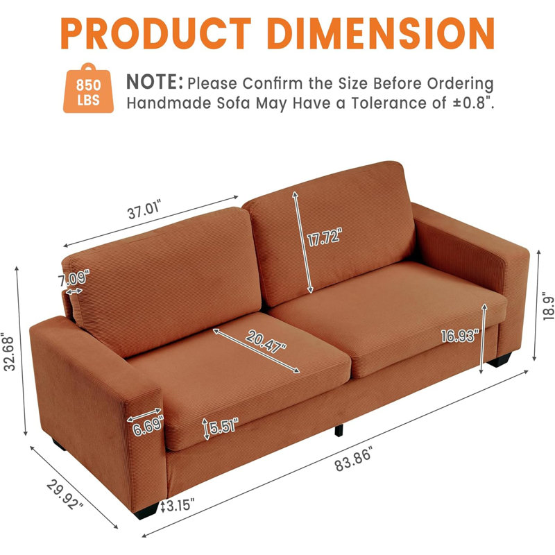 Causeuse moderne en velours côtelé 83 po - Siège profond avec accoudoirs larges, coussins lavables amovibles, assemblage facile sans outil pour les petits salons et appartements