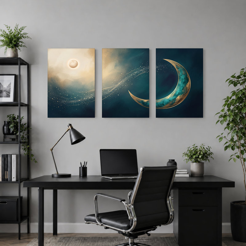 Ensemble de 3 toiles bleu sarcelle en forme de croissant de lune avec soleil étoilé, H 24 po x l 16 po x 3 pièces